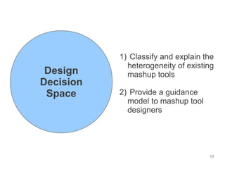 1) Classify and explain the
             heterogeneity of existing
 Design      mashup tools
Decision
 Space     2) Provide a guidance
             model to mashup tool
             designers




                                    13
 