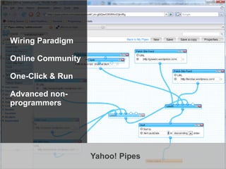 ●   Wiring Paradigm

●   Online Community

●   One-Click & Run

●   Advanced non-
    programmers




                       Yahoo! Pipes   8
 