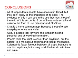 CONCLUSIONS
   All of respondents people have account in Gmail, but
    they don’t know all the properties of its apps. The
    evidence of this it can see in the use that most most of
    them do of this accounts: 8 out of 9 use only e-mail and
    unknow the form of use calendar and SkyDrive.
   Chat is a more common app. Because 5 out of 9 use
    everyday or once in a while.
   Also, is a good tool for work and is faster in send
    personal and at working information.
   People think that chat is easier than SkyDrive, but the
    easiest is e-mail about sending and receipt messages.
    Calendar is fewer famous between all apps, because its
    use is complicate, but is very usefull when do with time
    and calm.
 