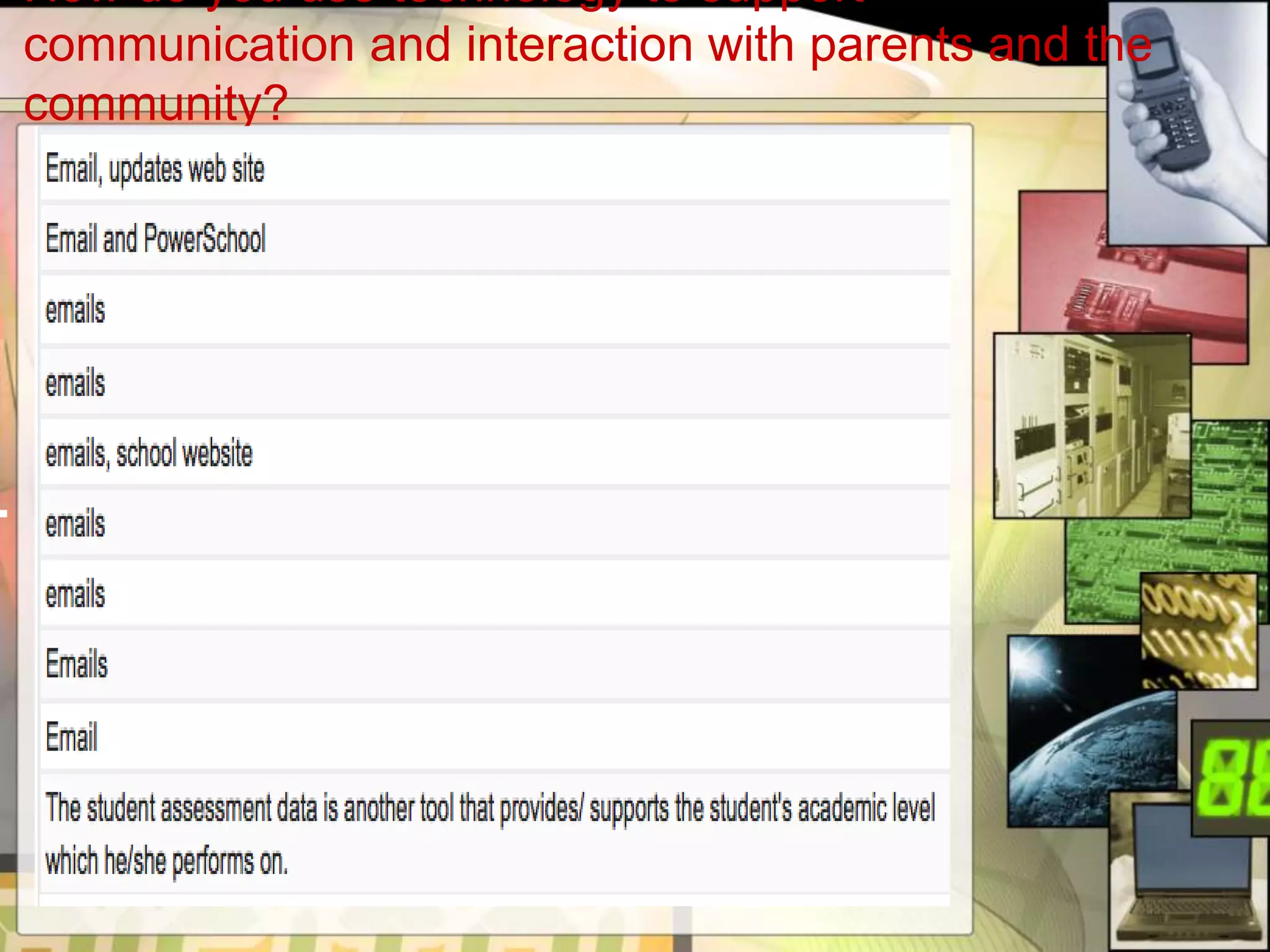 How do you use technology to support
communication and interaction with parents and the
community?
 