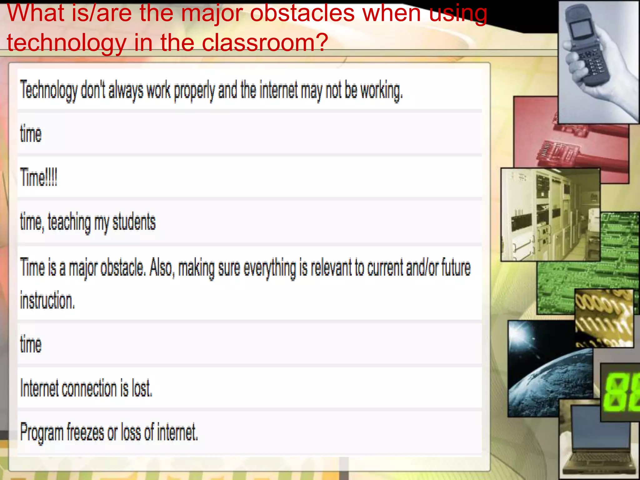 What is/are the major obstacles when using
technology in the classroom?
 