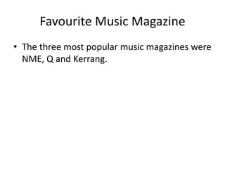 Favourite Music Magazine
• The three most popular music magazines were
NME, Q and Kerrang.
