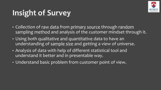 Insight of Survey
• Collection of raw data from primary source through random
sampling method and analysis of the customer mindset through it.
• Using both qualitative and quantitative data to have an
understanding of sample size and getting a view of universe.
• Analysis of data with help of different statistical tool and
understand it better and in presentable way.
• Understand basic problem from customer point of view.
 