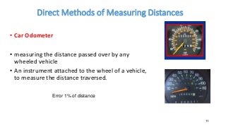 Direct Methods of Measuring Distances
• Car Odometer
• measuring the distance passed over by any
wheeled vehicle
• An instrument attached to the wheel of a vehicle,
to measure the distance traversed.
11
Error 1% of distance
 