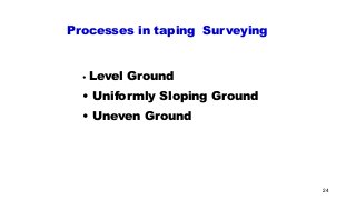 • Level Ground
• Uniformly Sloping Ground
• Uneven Ground
Processes in taping Surveying
24
 
