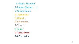 Number
1- Report
2-Report Name( )
3-Group Name
4- Apparatus
5-Object
6-Procedure
7-Sketch
8-Table
9- Calculation
10-Discussion
35
 