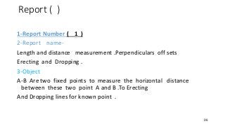 Report ( )
1-Report Number ( 1 )
2-Report name-
Length and distance measurement .Perpendiculars off sets
Erecting and Dropping .
3-Object
A-B Are two fixed points to measure the horizontal distance
between these two point A and B .To Erecting
And Dropping lines for known point .
36
 