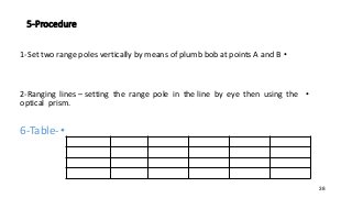 5-Procedure
•
1-Set two range poles vertically by means of plumb bob at points A and B
•
2-Ranging lines – setting the range pole in the line by eye then using the
optical prism.
•
6-Table-
38
 