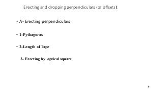 Erecting and dropping perpendiculars (or offsets):
• A- Erecting perpendiculars
• 1-Pythagoras
• 2-Length of Tape
3- Erecting by optical square
41
 