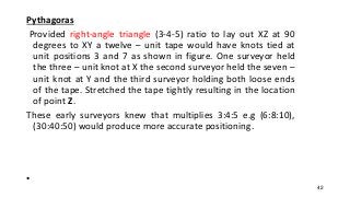 Pythagoras
Provided right-angle triangle (3-4-5) ratio to lay out XZ at 90
degrees to XY a twelve – unit tape would have knots tied at
unit positions 3 and 7 as shown in figure. One surveyor held
the three – unit knot at X the second surveyor held the seven –
unit knot at Y and the third surveyor holding both loose ends
of the tape. Stretched the tape tightly resulting in the location
of point Z.
These early surveyors knew that multiplies 3:4:5 e.g (6:8:10),
(30:40:50) would produce more accurate positioning.
•
42
 