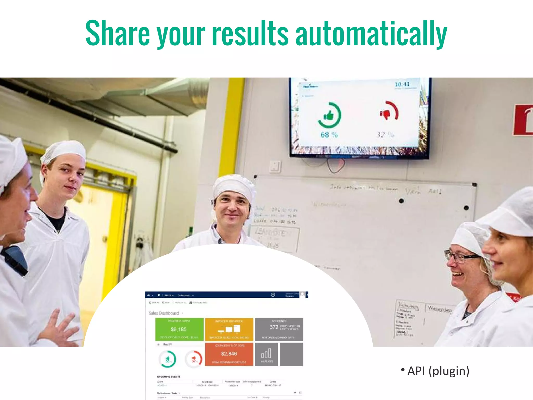 Share your results automatically
• API (plugin)
 