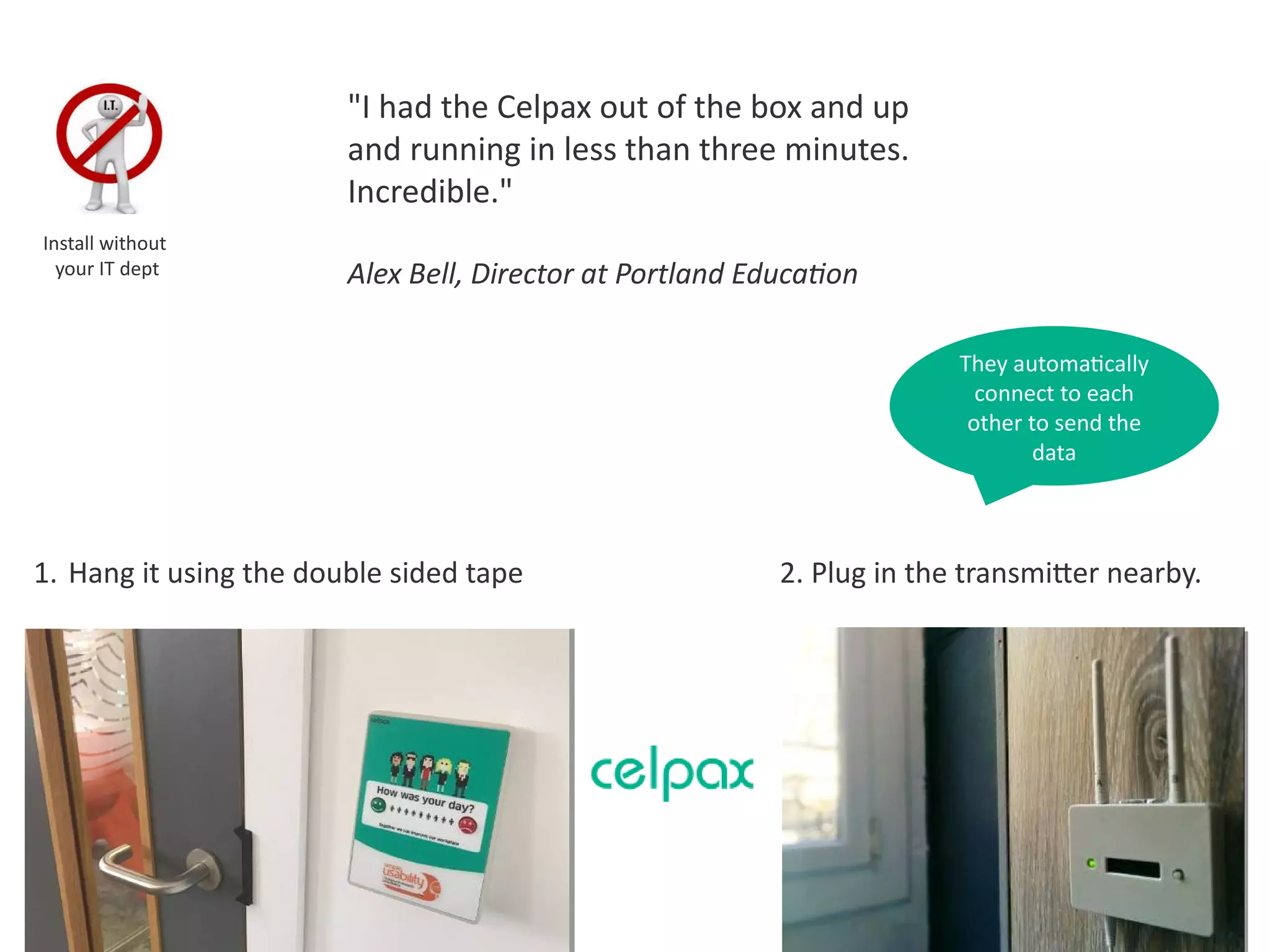 24
"I had the Celpax out of the box and up
and running in less than three minutes.
Incredible."
Alex Bell, Director at Portland Education
 
1. Hang it using the double sided tape
Install without
your IT dept
2. Plug in the transmitter nearby.
They automatically
connect to each
other to send the
data
 