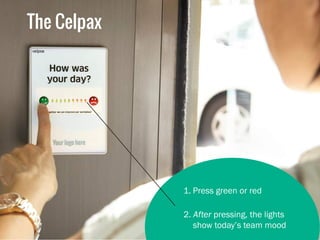 1. Press green or red
2. After pressing, the lights
show today’s team mood
The Celpax
 