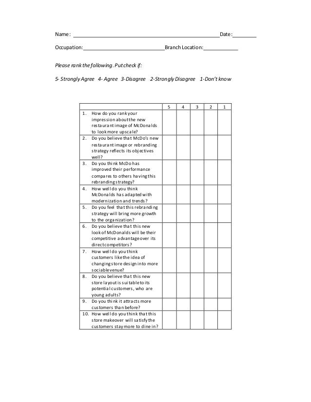 Survey mcdonalds sample