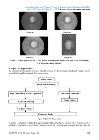 International Journal of Modern Trends in Engineering and Research (IJMTER)
Volume 02, Issue 01, [January - 2015] e-ISSN: 2349-9745, p-ISSN: 2393-8161
@IJMTER-2014, All rights Reserved 200
Figure (a) Figure (b)
Figure (c) Figure (d)
Figure 4. a) Input image of size 3072 x 2048 pixels b) A brighter pallor detected (blue area) c) ROI localization d)
ROI image of size 480 x 750 pixels.
1. Optic Disc Segmentation
To automatically extract an optic disc boundary, image pre-processing is introduced. Figure 5 shows
a simplified workflow of optic disc segmentation.
Figure 5. Optic Disc Segmentation
A coarse localization of optic disc region is presented using the red channel. The red component is
utilized as it is found to have higher contrast between the optic disc and non-optic disc area than for
Input Image
Image Pre-processing
Edge Detection by Canny Algorithm Variational Level-Set
K-mean Clustering
Ellipse Fitting
Ellipse Fitting
Compared Result
 