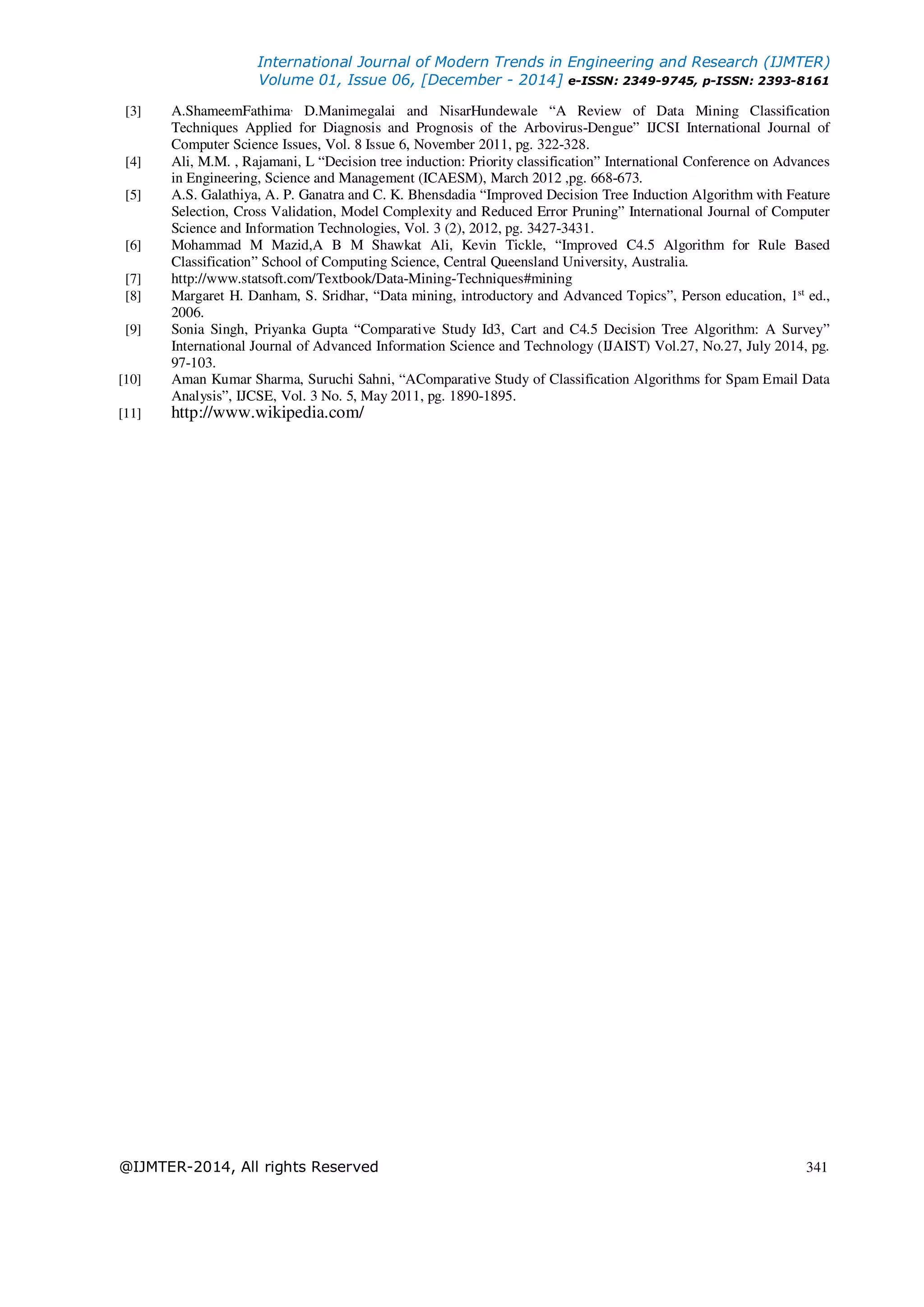 International Journal of Modern Trends in Engineering and Research (IJMTER)
Volume 01, Issue 06, [December - 2014] e-ISSN: 2349-9745, p-ISSN: 2393-8161
@IJMTER-2014, All rights Reserved 341
[3] A.ShameemFathima, D.Manimegalai and NisarHundewale “A Review of Data Mining Classification
Techniques Applied for Diagnosis and Prognosis of the Arbovirus-Dengue” IJCSI International Journal of
Computer Science Issues, Vol. 8 Issue 6, November 2011, pg. 322-328.
[4] Ali, M.M. , Rajamani, L “Decision tree induction: Priority classification” International Conference on Advances
in Engineering, Science and Management (ICAESM), March 2012 ,pg. 668-673.
[5] A.S. Galathiya, A. P. Ganatra and C. K. Bhensdadia “Improved Decision Tree Induction Algorithm with Feature
Selection, Cross Validation, Model Complexity and Reduced Error Pruning” International Journal of Computer
Science and Information Technologies, Vol. 3 (2), 2012, pg. 3427-3431.
[6] Mohammad M Mazid,A B M Shawkat Ali, Kevin Tickle, “Improved C4.5 Algorithm for Rule Based
Classification” School of Computing Science, Central Queensland University, Australia.
[7] http://www.statsoft.com/Textbook/Data-Mining-Techniques#mining
[8] Margaret H. Danham, S. Sridhar, “Data mining, introductory and Advanced Topics”, Person education, 1st
ed.,
2006.
[9] Sonia Singh, Priyanka Gupta “Comparative Study Id3, Cart and C4.5 Decision Tree Algorithm: A Survey”
International Journal of Advanced Information Science and Technology (IJAIST) Vol.27, No.27, July 2014, pg.
97-103.
[10] Aman Kumar Sharma, Suruchi Sahni, “AComparative Study of Classification Algorithms for Spam Email Data
Analysis”, IJCSE, Vol. 3 No. 5, May 2011, pg. 1890-1895.
[11] http://www.wikipedia.com/
 