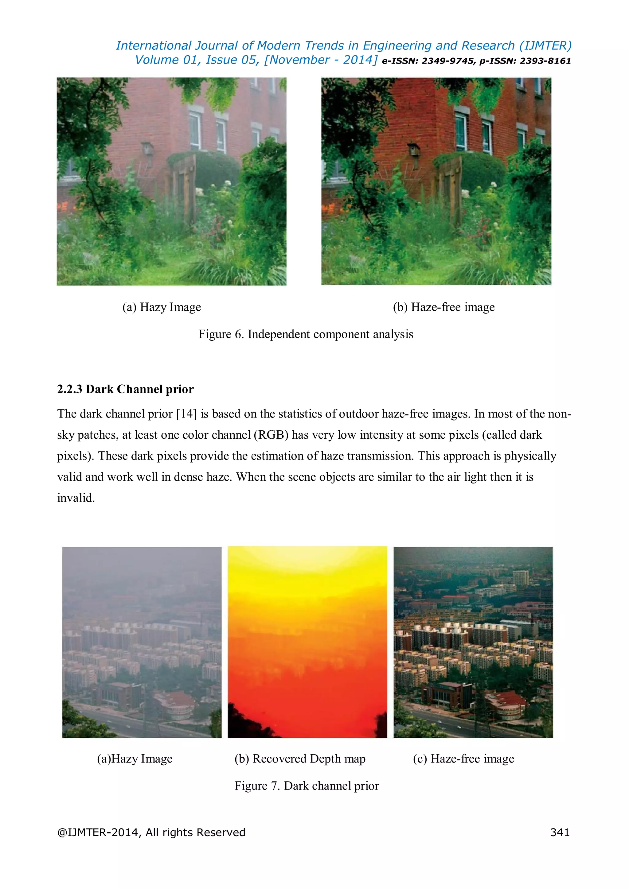 International Journal of Modern Trends in Engineering and Research (IJMTER)
Volume 01, Issue 05, [November - 2014] e-ISSN: 2349-9745, p-ISSN: 2393-8161
@IJMTER-2014, All rights Reserved 341
(a) Hazy Image (b) Haze-free image
Figure 6. Independent component analysis
2.2.3 Dark Channel prior
The dark channel prior [14] is based on the statistics of outdoor haze-free images. In most of the non-
sky patches, at least one color channel (RGB) has very low intensity at some pixels (called dark
pixels). These dark pixels provide the estimation of haze transmission. This approach is physically
valid and work well in dense haze. When the scene objects are similar to the air light then it is
invalid.
(a)Hazy Image (b) Recovered Depth map (c) Haze-free image
Figure 7. Dark channel prior
 