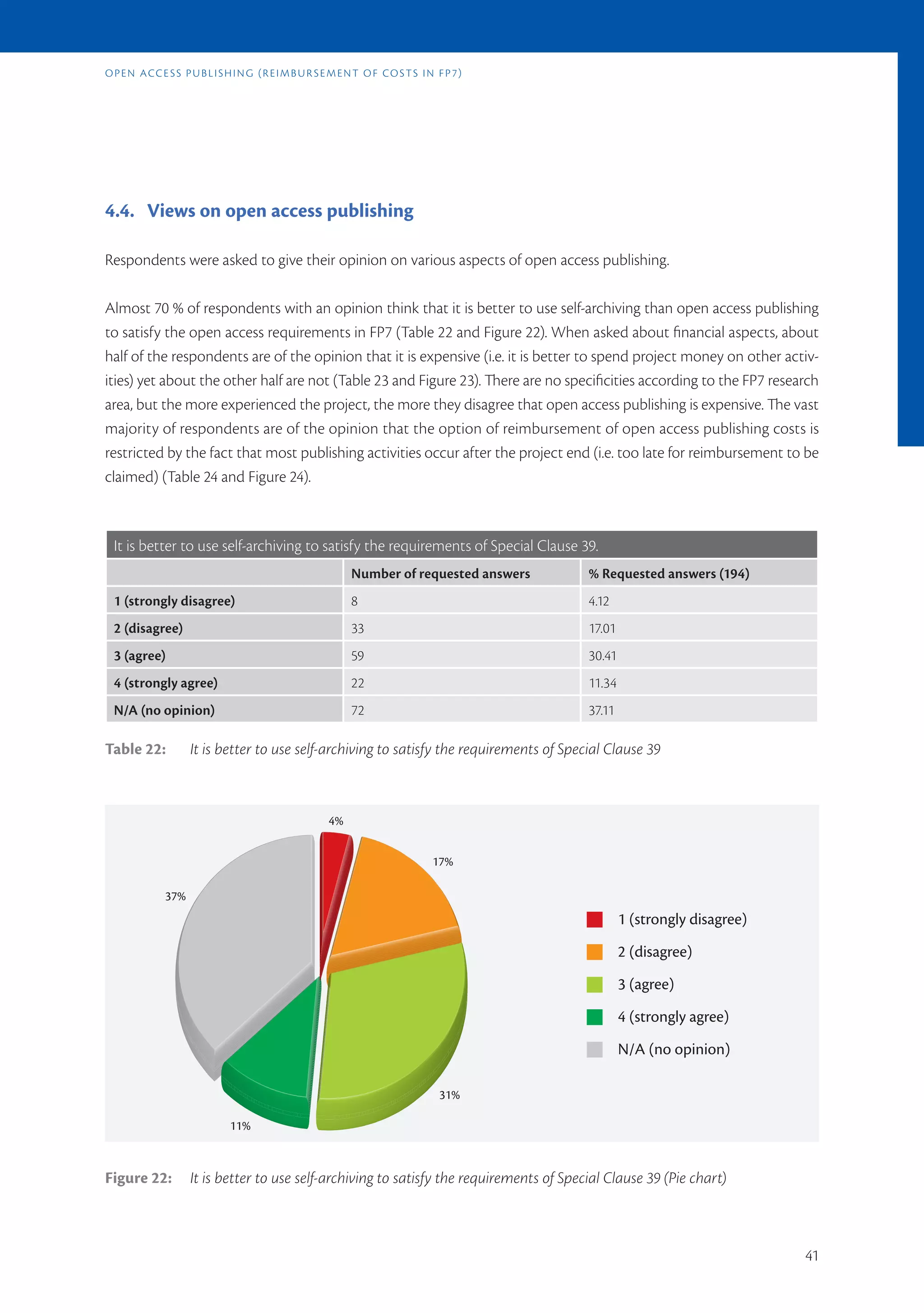o p E n a c c E s s p u b l i s h i n G (r E i m b u r s E m E n t o f co s t s i n f p 7)




4.4. Views on open access publishing

Respondents were asked to give their opinion on various aspects of open access publishing.

Almost 70 % of respondents with an opinion think that it is better to use self-archiving than open access publishing
to satisfy the open access requirements in FP7 (Table 22 and Figure 22). When asked about financial aspects, about
half of the respondents are of the opinion that it is expensive (i.e. it is better to spend project money on other activ-
ities) yet about the other half are not (Table 23 and Figure 23). There are no specificities according to the FP7 research
area, but the more experienced the project, the more they disagree that open access publishing is expensive. The vast
majority of respondents are of the opinion that the option of reimbursement of open access publishing costs is
restricted by the fact that most publishing activities occur after the project end (i.e. too late for reimbursement to be
claimed) (Table 24 and Figure 24).



  It is better to use self-archiving to satisfy the requirements of Special Clause 39.
                                                              Number of requested answers    % Requested answers (194)
  1 (strongly disagree)                                       8                              4.12
  2 (disagree)                                                33                             17.01
  3 (agree)                                                   59                             30.41
  4 (strongly agree)                                          22                             11.34
  N/A (no opinion)                                            72                             37.11

Table 22:            It is better to use self-archiving to satisfy the requirements of Special Clause 39



                                                        4%


                                                                                  17%

               37%
                                                                                                     1 (strongly disagree)
                                                                                                     2 (disagree)
                                                                                                     3 (agree)
                                                                                                     4 (strongly agree)
                                                                                                     N/A (no opinion)

                                                                                    31%

                               11%



Figure 22:           It is better to use self-archiving to satisfy the requirements of Special Clause 39 (Pie chart)



                                                                                                                             41
 