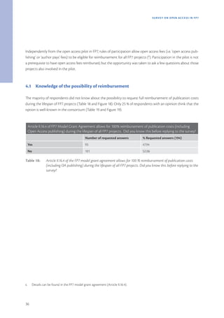 SURVEY ON OPEN ACCE SS IN FP7




Independently from the open access pilot in FP7, rules of participation allow open access fees (i.e. ‘open access pub-
lishing’ or ‘author pays’ fees) to be eligible for reimbursement for all FP7 projects (6). Participation in the pilot is not
a prerequisite to have open access fees reimbursed, but the opportunity was taken to ask a few questions about those
projects also involved in the pilot.



4.1 Knowledge of the possibility of reimbursement

The majority of respondents did not know about the possibility to request full reimbursement of publication costs
during the lifespan of FP7 projects (Table 18 and Figure 18). Only 25 % of respondents with an opinion think that the
option is well-known in the consortium (Table 19 and Figure 19).



     Article II.16.4 of FP7 Model Grant Agreement allows for 100% reimbursement of publication costs (including
     Open Access publishing) during the lifespan of all FP7 projects.  Did you know this before replying to the survey?
                                               Number of requested answers          % Requested answers (194)
     Yes                                       93                                   47.94
     No                                        101                                  52.06

Table 18:        Article II.16.4 of the FP7 model grant agreement allows for 100 % reimbursement of publication costs
                 (including OA publishing) during the lifespan of all FP7 projects. Did you know this before replying to the
                 survey?




6.     Details can be found in the FP7 model grant agreement (Article II.16.4).




36
 