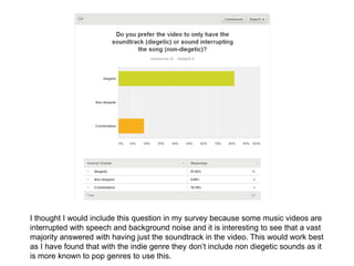 I thought I would include this question in my survey because some music videos are
interrupted with speech and background noise and it is interesting to see that a vast
majority answered with having just the soundtrack in the video. This would work best
as I have found that with the indie genre they don’t include non diegetic sounds as it
is more known to pop genres to use this.
 