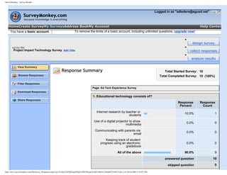 SurveyMonkey - Survey Results



                                                                                                                                           Logged in as quot;adledere@egusd.netquot;   Log Off




   HomeCreate SurveyMy SurveysAddress BookMy Account                                                                                                                    Help Center
     You have a basic account.                                    To remove the limits of a basic account, including unlimited questions, upgrade now!

                                                                                                                                                             q

                                                                                                                                                                    design survey
       survey title:                                                                                                                                         q

        Project Impact Technology Survey               Edit Title                                                                                                 collect responses
                                                                                                                                                             q

                                                                                                                                                                   analyze results

             View Summary
                                                      Response Summary                                                                           Total Started Survey: 10
              Browse Responses                                                                                                                Total Completed Survey: 10 (100%)

             Filter Responses
                                                                                   Page: Ed Tech Experience Survey
             Download Responses
                                                                                    1. Educational technology consists of?
             Share Responses
                                                                                                                                                         Response       Response
                                                                                                                                                          Percent        Count
                                                                                       Internet research by teacher or                                       10.0%                  1
                                                                                                              students
                                                                                     Use of a digital projector to show                                          0.0%               0
                                                                                                             multimedia
                                                                                      Communicating with parents via
                                                                                                               email                                             0.0%               0

                                                                                              Keeping track of student
                                                                                           progress using an electronic                                          0.0%               0
                                                                                                            gradebook
                                                                                                           All of the above                                  90.0%                  9
                                                                                                                                                 answered question              10

                                                                                                                                                  skipped question                  0

http://www.surveymonkey.com/MySurvey_Responses.aspx?sm=XvfmsTViKWbssmNSQj%2fD1M1qsG%2fu%2bk5wTJsSMZCVDZU%3d (1 of 5)9/10/2007 8:55:07 AM