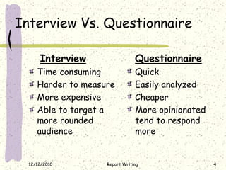 Interview Vs. Questionnaire

      Interview                 Questionnaire
     Time consuming             Quick
     Harder to measure          Easily analyzed
     More expensive             Cheaper
     Able to target a           More opinionated
     more rounded               tend to respond
     audience                   more


  12/12/2010        Report Writing                 4
 