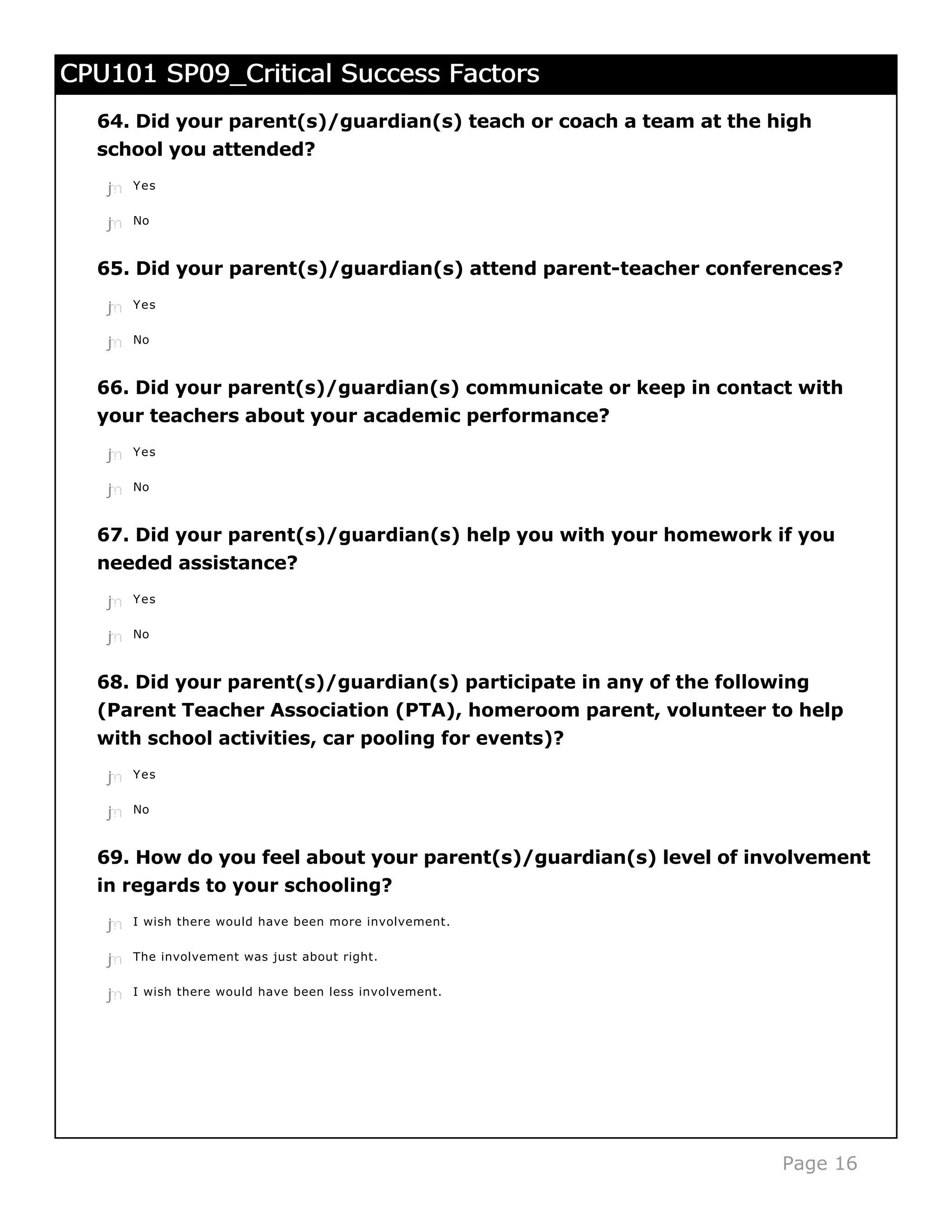 CPU101 SP09_Critical Success Factors
  64. Did your parent(s)/guardian(s) teach or coach a team at the high
  school you attended?
   j
   k
   l
   m
   n   Yes


   j
   k
   l
   m
   n   No



  65. Did your parent(s)/guardian(s) attend parent-teacher conferences?
   j
   k
   l
   m
   n   Yes


   j
   k
   l
   m
   n   No



  66. Did your parent(s)/guardian(s) communicate or keep in contact with
  your teachers about your academic performance?
   j
   k
   l
   m
   n   Yes


   j
   k
   l
   m
   n   No



  67. Did your parent(s)/guardian(s) help you with your homework if you
  needed assistance?

   j
   k
   l
   m
   n   Yes


   j
   k
   l
   m
   n   No



  68. Did your parent(s)/guardian(s) participate in any of the following
  (Parent Teacher Association (PTA), homeroom parent, volunteer to help
  with school activities, car pooling for events)?
   j
   k
   l
   m
   n   Yes


   j
   k
   l
   m
   n   No



  69. How do you feel about your parent(s)/guardian(s) level of involvement
  in regards to your schooling?
   j
   k
   l
   m
   n   I wish there would have been more involvement.


   j
   k
   l
   m
   n   The involvement was just about right.


   j
   k
   l
   m
   n   I wish there would have been less involvement.




                                                                   Page 16
 