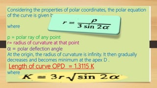 Considering the properties of polar coordinates, the polar equation
of the curve is given by
where
p = polar ray of any point
r= radius of curvature at that point
α = polar deflection angle
At the origin, the radius of curvature is infinity. It then gradually
decreases and becomes minimum at the apex D .
Length of curve OPD = 1.3115 K
where
 