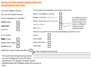 Survey for how people would prefer the 
mastheading and fonts 
The comments being more personal 
as I can’t categorise or put the data 
collected on it in graphs, however would 
predominately be feedback about the survey as 
well 
E.g. different colours, 
words are different 
colours while multi 
colours is different 
colours on each, 
individual letter 
 