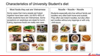 Characteristics of University Student‘s diet
Most foods they eat are Vietnamese Noodle・Noodle・Noodle
Students especially who live without family eat
noodles very often both home and outside.
They often eat instant noodles, but also often
eat noodles without any toppings or with only
chill sauce.
Some cases that many people eat hotpot
together have been seen, but 80%~90% of
meals students have are Vietnamese. Some
exceptions on weekdays are steak for lunch.
Eating Japanese foods are really rare case.
 