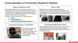 Characteristics of University Student‘s fashion
Attach importance to cost
Low brand recognition（Use of fake） Use of reasonable fashion brand
Shoes＞Bag
Bag they bring is usually knapsack because of
convenience. It is often case that female students bring
non-brand pouch. On the other hand, as they start caring
about fashion, it is often case that they wear sports shoes
such as Nike.
Reasonable local fashion brands such as Yame and Juno
have dramatically been increased. These brands are
getting popular among fashionable students. Fast fashion
is most fashionable.
Since brand recognition is
low and they attach
importance to design, some
of them use many fake
products without knowing it
is actually fake.
They attach importance to cost more than anything. It is
mainstream to buy at the local market or store, but also use
of online store has increased. As they start caring about
fashion, they try to differentiate against others by design of
products rather than brand of products.
37%
17%
5%
Cost
Design
Brand
What do you attach importance to in regard to fashion?
 