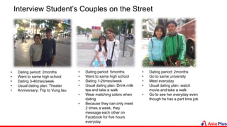 Interview Student’s Couples on the Street
• Dating period: 2months
• Went to same high school
• Dating 3-4times/week
• Usual dating plan: Theater
• Anniversary: Trip to Vung tau
• Dating period: 5months
• Went to same high school
• Dating 1-2times/week
• Usual dating plan: Drink milk
tea and take a walk
• Wear matching colors when
dating
• Because they can only meet
2 times a week, they
message each other on
Facebook for five hours
everyday
• Dating period: 2months
• Go to same university
• Meet everyday
• Usual dating plan: watch
movie and take a walk
• Go to see her everyday even
though he has a part time job
 