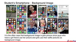 Student‘s Smartphone：Background Image
It is the often case that background image is girls picture since guys who
have a girl friend use her picture and girls use their selfie pictures as
background image.
 