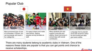 Popular Club
FutsalTennis
Most prominent type of club
at universities. If joined, you
can be popular and have a
fun college life.
It is easy to learn and make
new friends. Getting
popular among females as
well.
LanguageVolunteer
Many students join and
support rural area and
elderly. Good memories in
school days with social
contribution.
Language club is popular
since that would be useful
for job hunting and also
give extra credits.
There are many students belong to academic clubs in Vietnam. One of the
reasons these clubs are popular is that you can get points and chance to
receive scholarships.
 