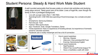 Student Persona: Steady & Hard Work Male Student
A well rounded personality that focuses solely on school club activities and studying,
rarely plays around. Takes good care of his sister. Lives a frugal life, even though his
family is from a privileged background.
• Live with younger sister (Rent: 1.5M VND)
• Spending/month: 4.5M VND (low spending of food & beverage, live a simple and plain
life)
• Smartphone: Samsung (Galaxy)
• Part time job: Tutor
• Fashion: Nike sports shoes
• App: Facebook, Grab, Google Translation, Game
• Travel experience: Have no experience of traveling abroad, but experience of domestic
travel for volunteer activities.
• Facebook use is mostly messenger and has a lot of connection
• How to spend weekdays
• Morning: Classes
• Afternoon: Club activities/HW/Tutor
• Evening: Game/study English
• How to spend weekends
• Nap/Facebook
• Watch Free movie/Premier league TV
• Have a meal/take a walk with sister
 