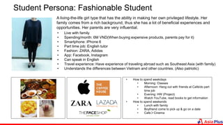 Student Persona: Fashionable Student
A living-the-life girl type that has the ability in making her own privileged lifestyle. Her
family comes from a rich background, thus she has a lot of beneficial experiences and
opportunities. Her parents are very influential.
• Live with family
• Spending/month: 6M VND(When buying expensive products, parents pay for it)
• Smartphone: iPhone 6
• Part time job: English tutor
• Fashion: ZARA, Adidas
• App: Facebook, Instagram
• Can speak in English
• Travel experience: Have experience of traveling abroad such as Southeast Asia (with family)
• Understands the differences between Vietnam and other countries. (Also patriotic)
• How to spend weekdays
• Morning: Classes
• Afternoon: Hang out with friends at Café/do part
time job
• Evening: HW (Project)
• Watch YouTube, read books to get information
• How to spend weekends
• Lunch with family
• Boyfriend come to pick up & go on a date
• Cafe＞Cinema
 