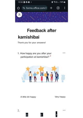 Feedback after
kamishibai
Thank you for your answers!
1. How happy are you after your
participation at kamishibai? *
•••
A little bit happy Very happy
2. •••
<
Ill 0
 