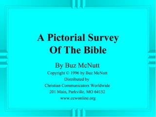 A Pictorial Survey
Of The Bible
By Buz McNutt
Copyright © 1996 by Buz McNutt
Distributed by
Christian Communicators Worldwide
201 Main, Parkville, MO 64152
www.ccwonline.org

 