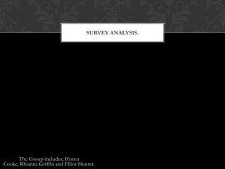 SURVEY ANALYSIS.




      The Group includes; Honor
Cooke, Rhianna Griffin and Elliot Hunter.
 
