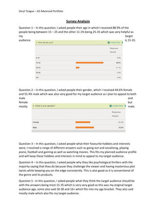 Daryl Teague – A2 Advanced Portfolio
Survey Analysis
Question 1 – In this question, I asked people their age in which I received 88.9% of the
people being between 15 – 25 and the other 11.1% being 25-35 which was very helpful as
my target
audience is 15-35.
Question 2 – In this question, I asked people their gender, which I received 44.6% female
and 55.4% male which was also very good for my target audience as I plan to appeal to both
male and
female but
mostly male.
Question 3 – In this question, I asked people what their favourite hobbies and interests
were, I received a range of different answers such as going out and socialising, playing
piano, football and gaming as well as watching movies. This fits my planned audience profile
and will keep these hobbies and interests in mind to appeal to my target audience.
Question 4 – In this question, I asked people why they like psychological thrillers with the
majority saying that they do because they challenge the viewer and having mysterious plot
twists while keeping you on the edge consistently. This is also good as it is conventional of
the genre and its products.
Question 5 - In this question, I asked people what they think the target audience should be
with the answers being most 15-35 which is very very good as this was my original target
audience age, some also said 18-30 and 16+ which fits into my age bracket. They also said
mostly male which also fits my target audience.
 