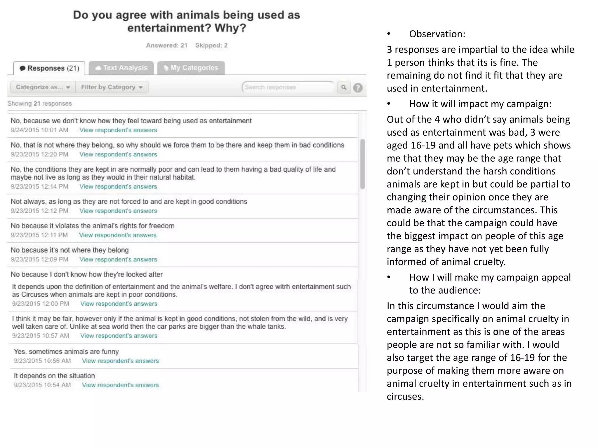 • Observation:
3 responses are impartial to the idea while
1 person thinks that its is fine. The
remaining do not find it fit that they are
used in entertainment.
• How it will impact my campaign:
Out of the 4 who didn’t say animals being
used as entertainment was bad, 3 were
aged 16-19 and all have pets which shows
me that they may be the age range that
don’t understand the harsh conditions
animals are kept in but could be partial to
changing their opinion once they are
made aware of the circumstances. This
could be that the campaign could have
the biggest impact on people of this age
range as they have not yet been fully
informed of animal cruelty.
• How I will make my campaign appeal
to the audience:
In this circumstance I would aim the
campaign specifically on animal cruelty in
entertainment as this is one of the areas
people are not so familiar with. I would
also target the age range of 16-19 for the
purpose of making them more aware on
animal cruelty in entertainment such as in
circuses.
 