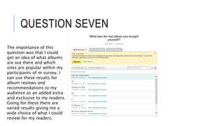 QUESTION SEVEN
The importance of this
question was that I could
get an idea of what albums
are out there and which
ones are popular within my
participants of m survey. I
can use these results for
album reviews and
recommendations to my
audience as an added extra
and exclusive to my readers.
Going for these there are
varied results giving me a
wide choice of what I could
review for my readers.
 