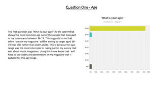 Question One - Age
The first question was ‘What is your age?’ As the screenshot
shows the most common age out of the people that took part
in my survey was between 16-19. This suggests to me that
when I create my magazine I will be aiming to target aged 16-
19 year olds rather than older adults. This is because this age
range was the most interested in taking part in my survey that
was about music magazines. Using this I now know that I will
have to use codes and conventions in my magazine that is
suitable for this age range.
 