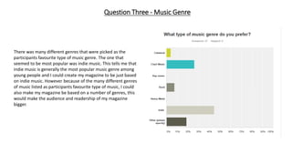 Question Three - Music Genre
There was many different genres that were picked as the
participants favourite type of music genre. The one that
seemed to be most popular was indie music. This tells me that
indie music is generally the most popular music genre among
young people and I could create my magazine to be just based
on indie music. However because of the many different genres
of music listed as participants favourite type of music, I could
also make my magazine be based on a number of genres, this
would make the audience and readership of my magazine
bigger.
 