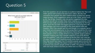 Question 5
From this question, we can see that our audience believe the ‘Pop’ and
‘Indie’ genres both produce the best music videos. We also had
comments from people who didn’t believe either of these four genres
made the best. Some suggestions came up in the ‘Other’ section such
as Alt. Pop & Rap. However, only one person suggested this idea,
therefore we will not consider these when creating our products. I don’t
think we were really surprised at the volume of popularity for the Pop
genre, since this has been the biggest genre for a very long time. We
were perhaps a bit more surprised at how close behind indie was,
however. Only 2 less people said this and though it is a popular genre, I
don’t think we anticipated prior to the survey that it would be this close
to Pop. I did, however expect that Electronic Dance Music would be the
least popular as this is usually aimed at a very specific target audience,
therefore implying why only 4 people voted for it out of the 98 that
took the question. I was a bit surprised at the fact that ‘rock’ only got
19 votes. I thought that if anything would come close to the pop genre,
then that would have been it as it is another popular genre around the
world. However, perhaps the reason it didn’t was due to the fact that it
is aimed at very specific people (similar to EDM). The general consensus
with rock music tends to be that you either love it or hate it.
 