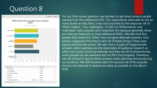 Question 8
For our final survey question, we decided to ask what content people
wanted from the additional DVD. The respondents were able to tick as
many boxes as they liked. I was not surprised by the response. All of
‘Music Videos’, ‘Tour Highlights’, ‘A Full Live Performance’ and
‘interviews’ were popular and I expected this because generally these
are what are featured on most additional DVD’s. We also had four
people that ticked the ‘Other’ box and gave alternate answers. One
person suggested that they’d want all of these things if they were
paying extortionate prices. We also had a couple of inappropriate
answers, which perhaps are the downsides of audience research as
when you’re just choosing anybody and they can do it anonymously,
some people can be awkward and not fill it out properly. Therefore,
we will choose to ignore these answers when planning and producing
our products. We will however take into account all of the popular
choices and attempt to feature as many as possible on the album
DVD.
 