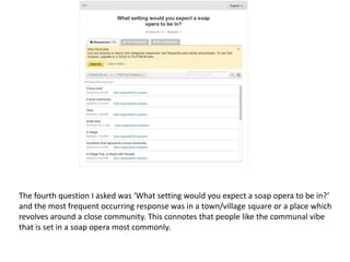 The fourth question I asked was ‘What setting would you expect a soap opera to be in?’
and the most frequent occurring response was in a town/village square or a place which
revolves around a close community. This connotes that people like the communal vibe
that is set in a soap opera most commonly.
 