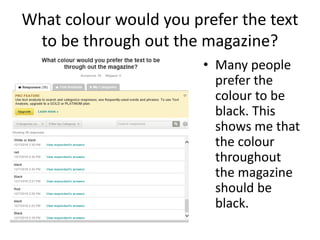 What colour would you prefer the text
to be through out the magazine?
• Many people
prefer the
colour to be
black. This
shows me that
the colour
throughout
the magazine
should be
black.
 
