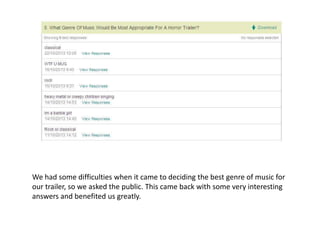 We had some difficulties when it came to deciding the best genre of music for
our trailer, so we asked the public. This came back with some very interesting
answers and benefited us greatly.

 