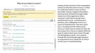 Looking at the comments of the respondents
answers of why they listen to music, it helps
me understand what it means to them
personally. Having a magazine that adds a
personal touch will help the target reader
realise this is the magazine for them,
moreover it will help me decide how I
should present music - something very
precious, just a hobby/past time or as a
source of entertainment. One teen said it
was a ‘soundtrack to life’ which comes
across as it does have an impact on their life,
plus it gives me a chance to explore different
ways to explain what music means through
the demographics words - this could be
through the article/double page spread or
an inspirational music influencer as a focus
on the cover or article/interview.
 